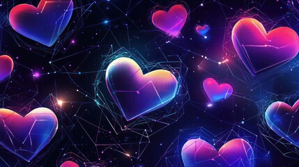 Colorful digital hearts in a cosmic background.