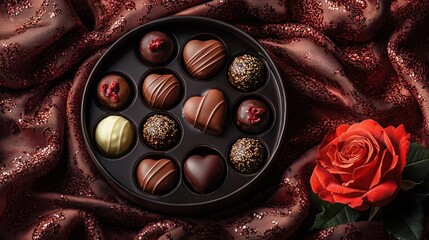 Assorted chocolates in a decorative box with a rose.
