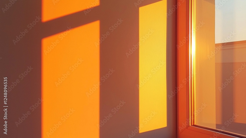 Poster Golden rays of sunlight filter through the window, painting warm patterns on the wall. This tranquil setting embraces minimalism, inviting calm and creativity into the space