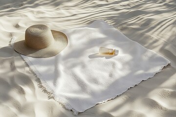Minimalist summer setup with a white beach towel, straw hat, and sunscreen on soft sand