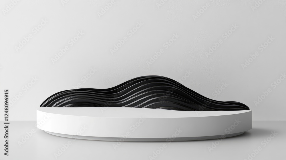 Poster a bold white oval podium with wavy obsidian patterns, creating a striking empty showcase for packagi