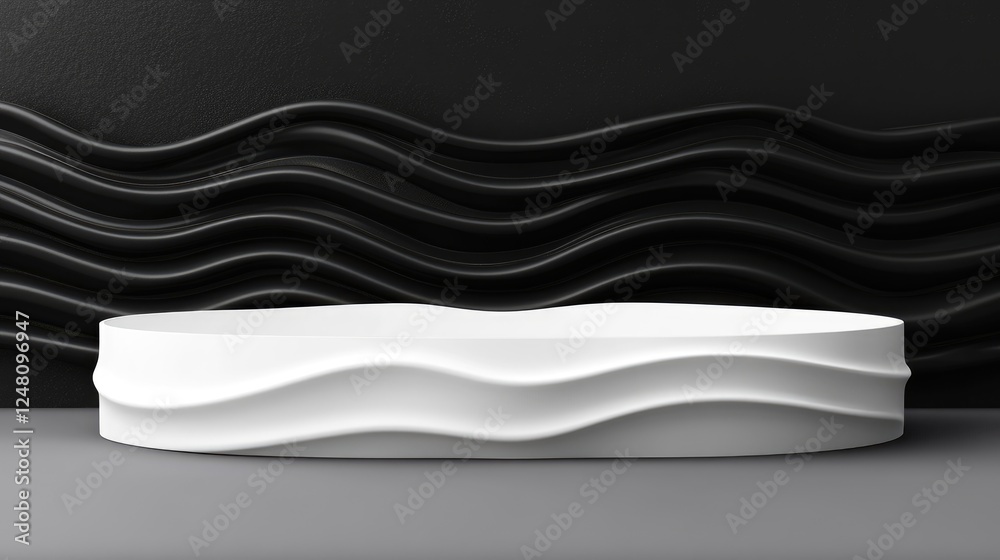Aufkleber A bold white oval podium with wavy obsidian patterns, creating a striking empty showcase for packaging product presentation.