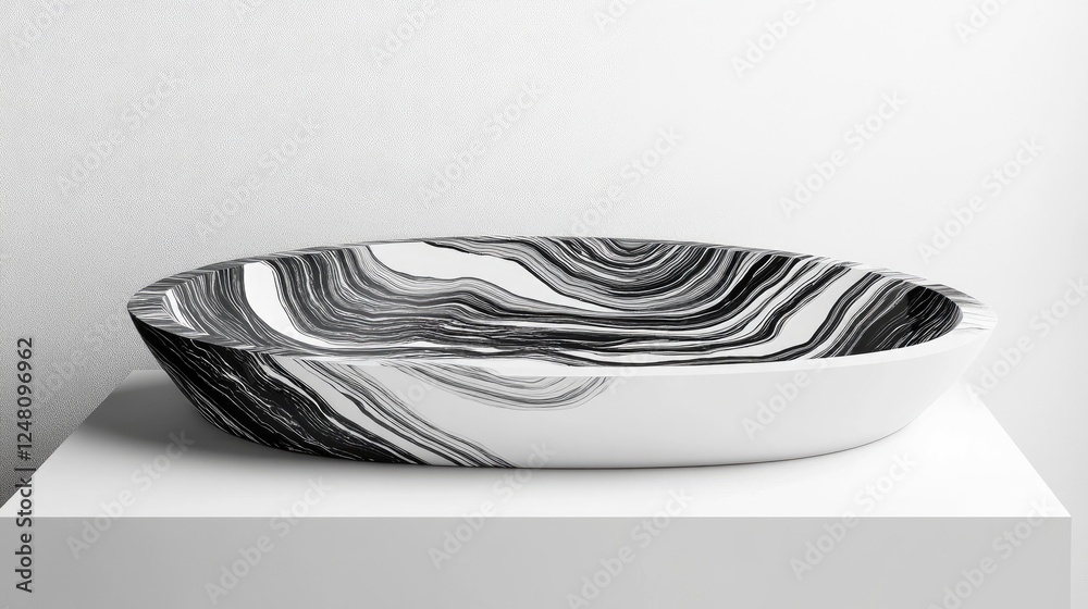 Poster A bold white oval podium with wavy obsidian patterns, creating a striking empty showcase for packaging product presentation.