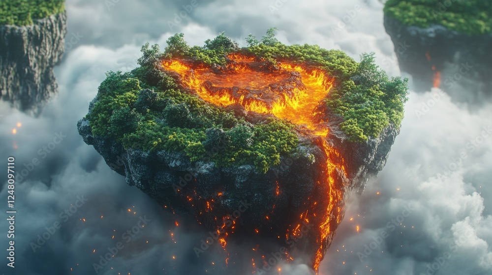 Poster a breathtaking floating island split between lush greenery and fiery lava, symbolizing the balance o