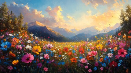 Enchanting Wildflower Meadow on the Forest's Fringe, Nature's Harmonious Border of Blooms and Trees