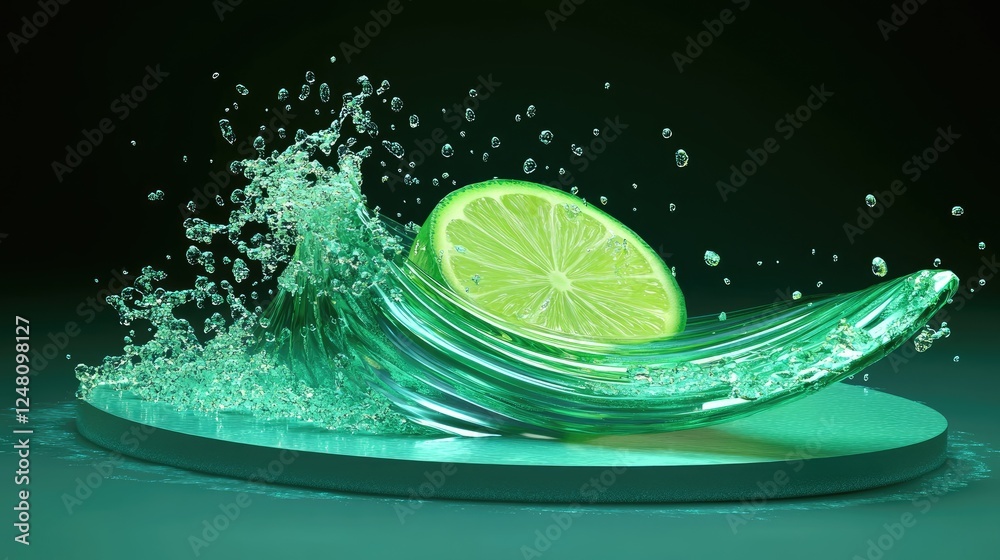 Poster a bright lime slice surfing on a sparkling water wave, surrounded by droplets, symbolizing vibrancy 