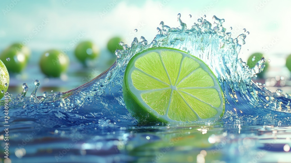 Poster a bright lime slice surfing on a sparkling water wave, surrounded by droplets, symbolizing vibrancy 
