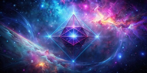 A stylized star tetrahedron geometry on a deep blue galaxy background with vibrant purple and pink nebulae, surrounded by swirling black holes and cosmic rays, star tetrahedron geometry, black holes