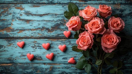 Romantic roses and hearts on a rustic background.