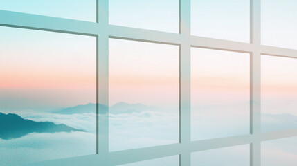 A breathtaking view of misty mountains through large modern glass windows, creating a serene and peaceful atmosphere.  