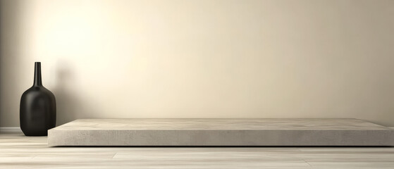 Minimalist interior design featuring a sleek platform and a large decorative vase