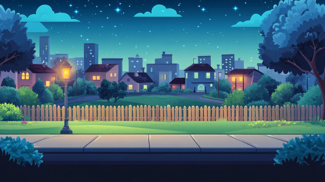 City street with sidewalk, park and buildings behind fence at night. Vector parallax background for 2d animation with cartoon of summer landscape with road, street lights, trees, bushes and town