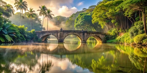 Fototapeta premium Ancient stone bridge spanning serene lake in Palmas, surrounded by lush greenery and towering trees, with a gentle mist rising from the water's surface, picturesque lake, long bridge