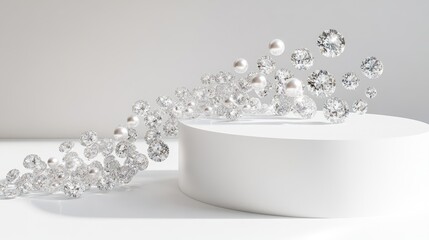 A brilliant cascade of diamonds with a trail of pearls, set beside a sleek pedestal for presenting elegant product packaging.