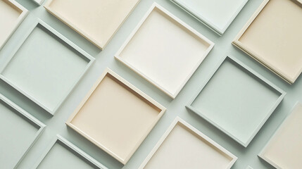 A series of abstract square frames in pastel beige and soft green, arranged in a clean and minimalist geometric pattern.  