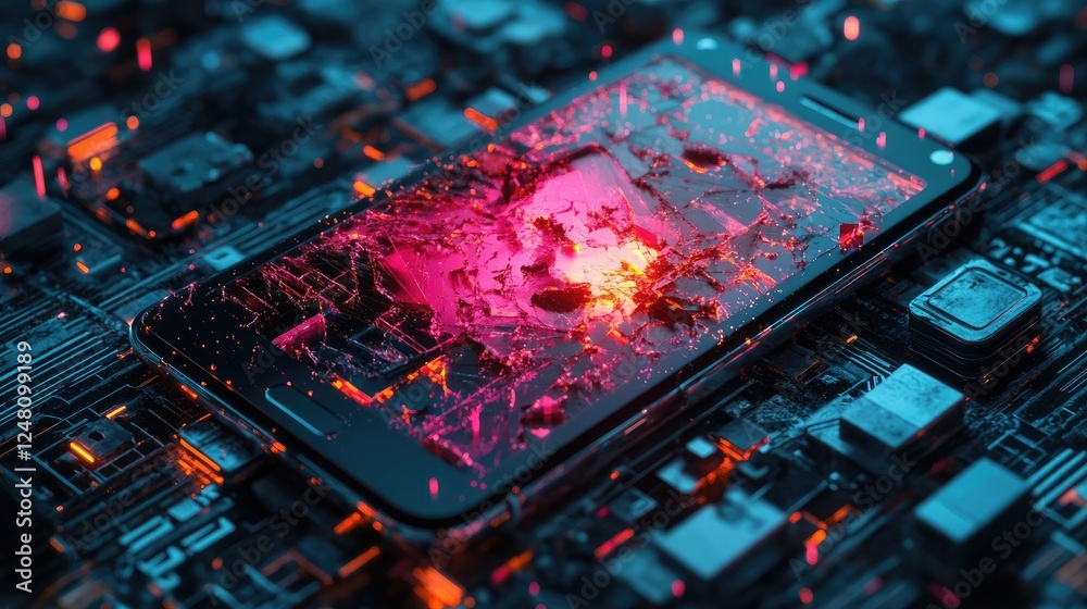 Poster a broken smartphone with a shattered neon screen, surrounded by digital glitches and cyberpunk aesth