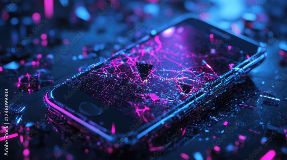 Poster a broken smartphone with a shattered neon screen, surrounded by digital glitches and cyberpunk aesth
