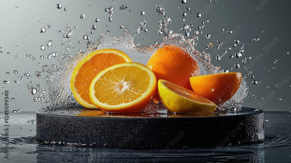 Poster a burst of water droplets and citrus juice as orange and lemon slices collide, with a clean podium f