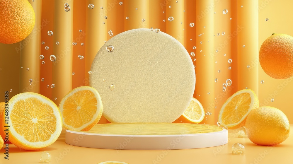Poster a burst of water droplets and citrus juice as orange and lemon slices collide, with a clean podium f