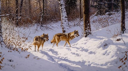 Naklejka premium Wolves hunting in a snowy forest, their tracks visible in the fresh snow