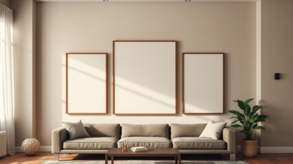 Modern living room interior with three blank frames above a beige sofa and potted plant