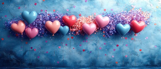 Colorful heart-shaped balloons on a textured background.