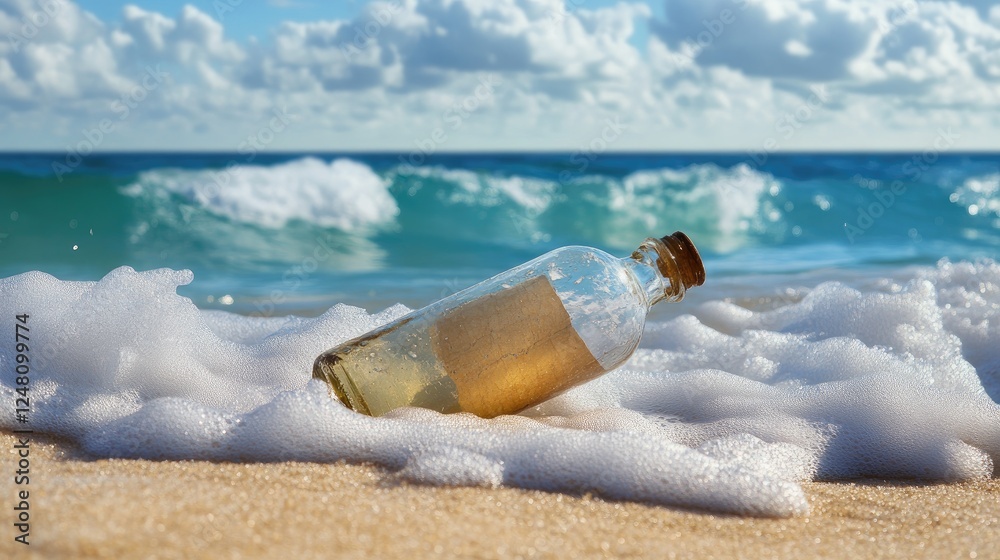 Poster a calm ocean wave carrying a message in a bottle, symbolizing reliable communication, smooth energy 