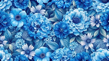 Dense lush seamless pattern background with blue flowers, Seamless Backgrounds