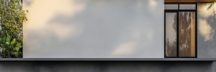 Fototapeta premium Modern minimalist architecture of a house with large window during the day