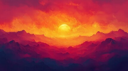 Fototapeta premium Fiery Sunset Over Dark Mountain Range