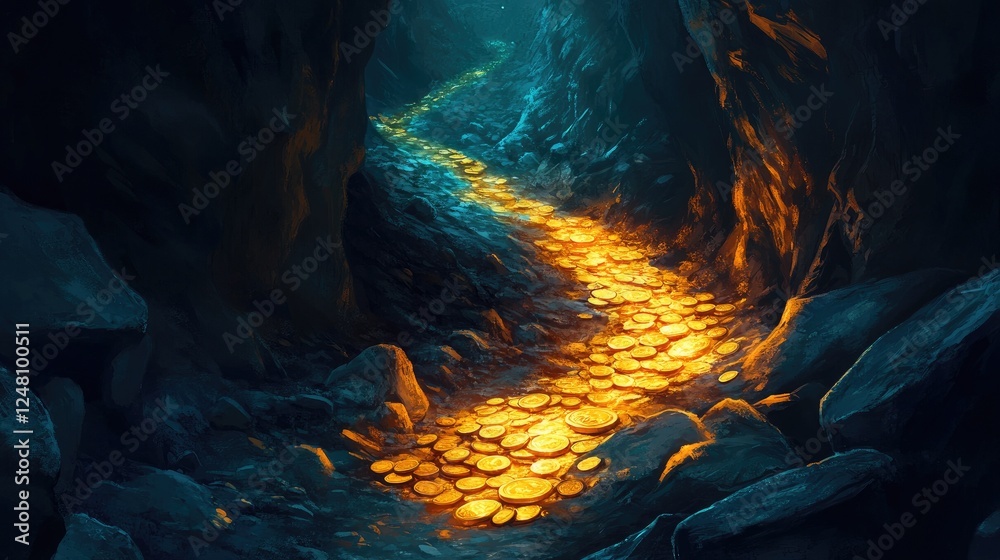 Poster a challenging canyon path with coins and a glowing safe, symbolizing the risky journey towards ultim