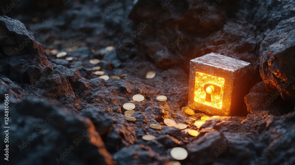 Aufkleber a challenging canyon path with coins and a glowing safe, symbolizing the risky journey towards ultim