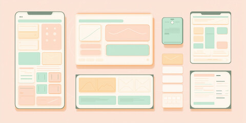 A stylish UI/UX wireframe design layout in soft pastel colors, showcasing a modern and minimalistic approach to web and app design.  