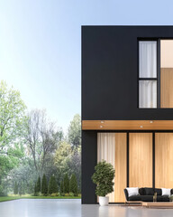 Modern house exterior with wooden accents and lush greenery under clear blue sky