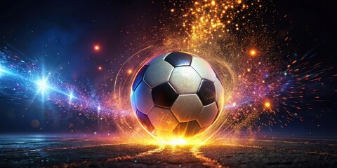 Fototapeta premium Soccer ball illuminated with colorful sparks and glowing lights in a dark environment , evening atmosphere, sparkles