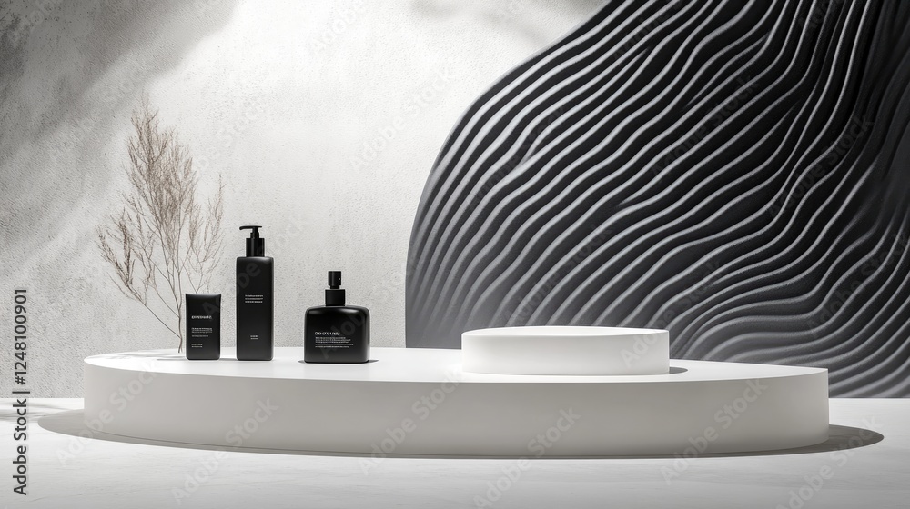 Poster a clean, modern display with a white oval podium featuring wavy obsidian patterns, ideal for showcas
