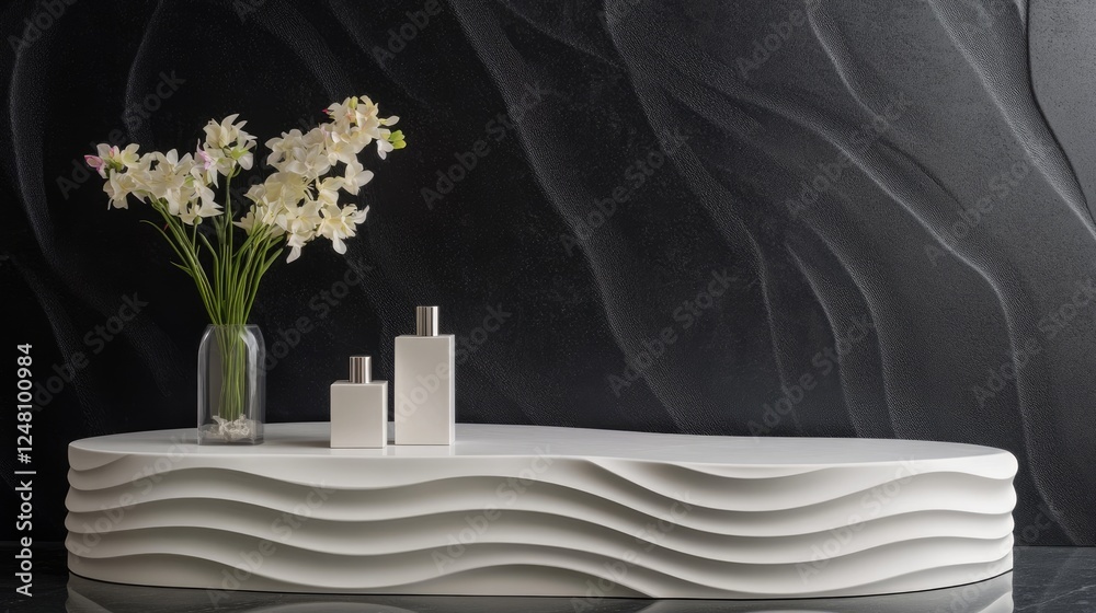Poster a clean, modern display with a white oval podium featuring wavy obsidian patterns, ideal for showcas