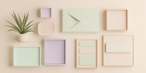 A modern pastel-toned geometric wall decor arrangement featuring clean shapes, soft colors, and small decorative plants for a cozy atmosphere.  