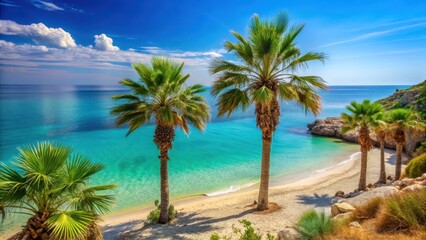 Fototapeta premium Palm trees stand tall near a pristine sandy beach with crystal clear turquoise waters in Dhermi