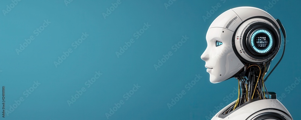 Poster futuristic robot head with advanced features against a blue background.