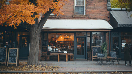 Vintage coffee shop. Cafe storefront building exterior design. Small business on city street cartoon vector background. Italian cafeteria with brick wall outside and tent under window.