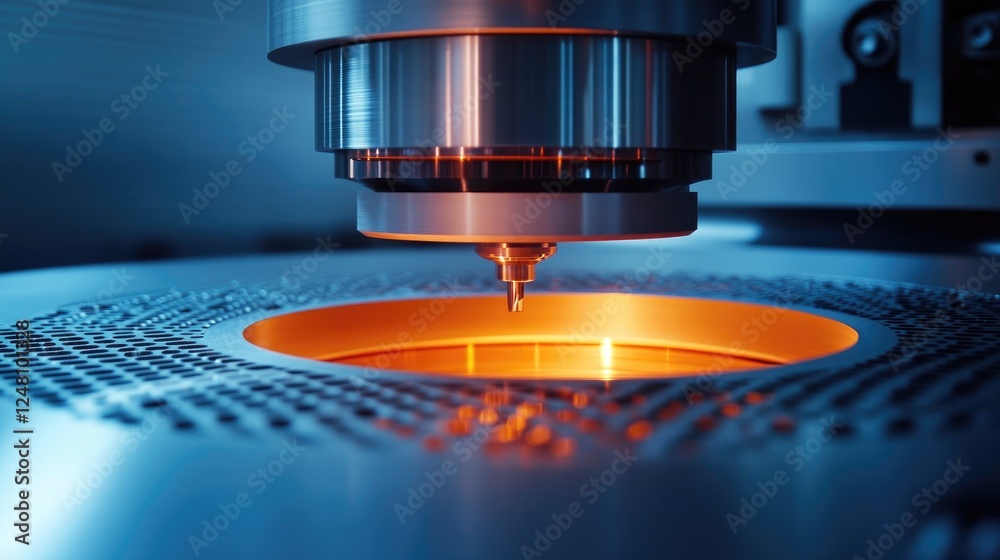 Poster a close shot of material entering a cnc machine, illustrating the high-speed, precise processing cri