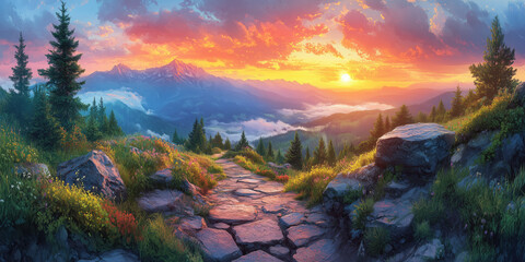 Naklejka premium Mountain Landscape at Dusk with Vibrant