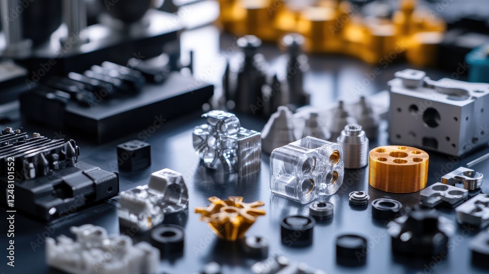 Aufkleber A close-up of 3D-printed parts arranged for assembly, demonstrating advanced manufacturing techniques and the role of AI design algorithms in creating precision components for modern industries.