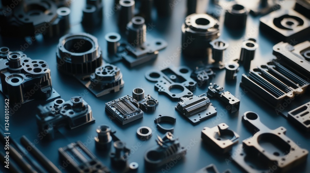 Poster A close-up of 3D-printed parts arranged for assembly, demonstrating advanced manufacturing techniques and the role of AI design algorithms in creating precision components for modern industries.