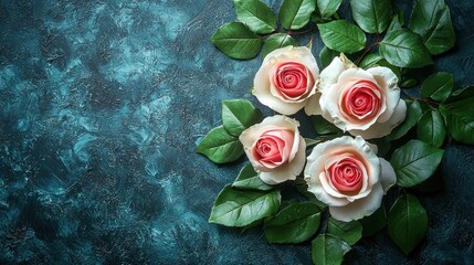 Three pink roses with green leaves on a textured background.