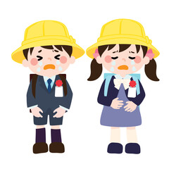 入学式でランドセルを背負いながらつらそうな様子のこどもたち（小学1年生）のベクターイラスト