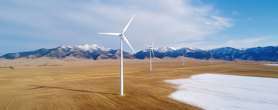 Wind turbines stand tall against a backdrop of mountains and open fields under a clear blue sky. - Powered by Adobe