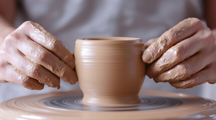 Craftsman concept A person shaping a clay pot on a pottery wheel with hands covered in wet clay, showcasing the art of pottery and craftsmanship.