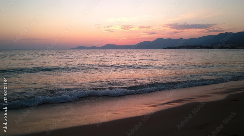 Poster serene beach at sunset with gentle waves lapping the shore and distant mountains.